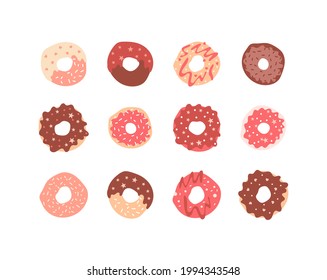 Set of donuts with chocolate and fruit topping, sprinkles in pink, beige pastel colors. Sweet hand drawn food, print for birthday background, cards, shop package, stickers. Different ring dessert set