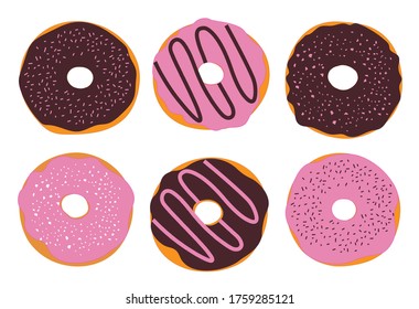 Set of donuts with chocolate glaze and crumbs food vector illustration.