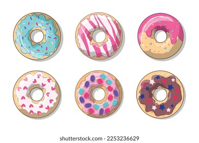 Set of donuts. Collection of graphic elements for website. Dessert and delicacy, sweet products in glaze. Candy and gourmet concept. Cartoon flat vector illustrations isolated on white background