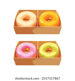 Set of donuts. Colored donuts in a box. American street food