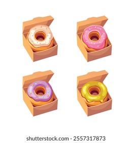 Set of donuts. Colored donuts in a box. American street food