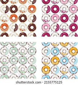 Un conjunto de donuts con vidrieras de colores. Patrón sin inconvenientes, fondo, postal, afiche. Plantilla para el diseño. 4 opciones de diseño.