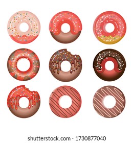 Set donuts with cream isolated on a white background. Cute glossy donuts with pink, chocolate and vanilla glaze and sprinkles. For the design of recipes, menus, culinary blogs, stationery.