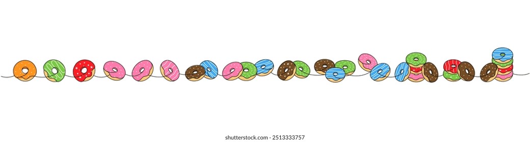 Set of donuts. Delicious donuts one line colored continuous drawing. Bakery sweet pastry food. Vector linear illustration.