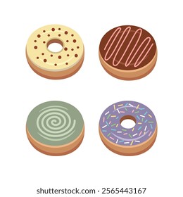 Set of donuts. Dessert food. Colorful donuts. Cute donuts. Creamy donut.