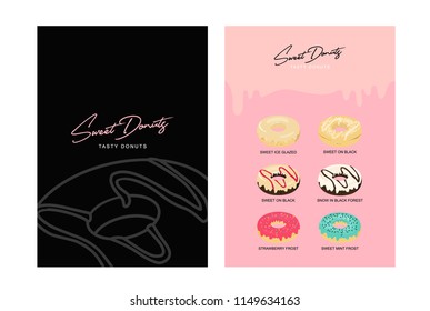 set of donuts or dessert menu template for restaurant or bakery shop on sweet colour background with luxury sweet graphic design