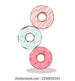 A set of donuts with different coatings and toppings and crumbs. Vector illustration. Hand-drawn.