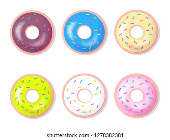 Set of donuts of different colors and flavors isolated on white background