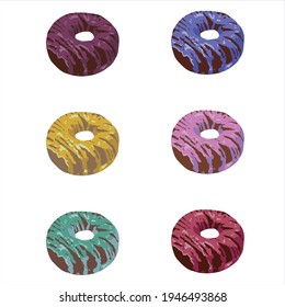 Set von Donuts. verschiedene Füllungen, Glasur. Zitrone, Orange, Blaubeere, Himbeere, Schokoladensirup. Nachtisch. Süßigkeitsbar. -Element für die Konstruktion. Druck für Menü, Konditorei. Vektor eps10
