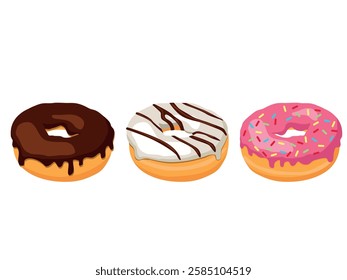 Set of donuts with different toppings. Cartoon vector illustration