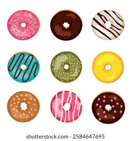 Set of donuts with different toppings, doughnut pastry dessert food set. Top view delicious sweet desserts donut with chocolate glaze. Cartoon vector illustration