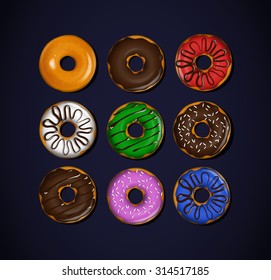 Set of donuts. Donut icon collection with toppings.