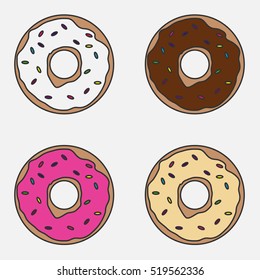 Set donuts, donut icon, food, sweet, dessert. Flat design, vector.