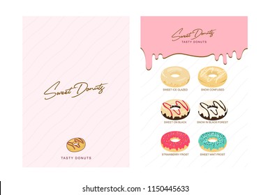 Menú de Donuts (nueces de donut) para el restaurante o la panadería donuts tienda con diseño plano dulce