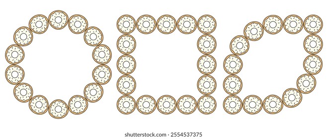 Set of donuts frame with white icing and sprinkles on a white background.