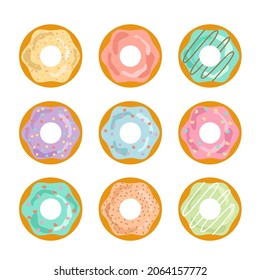 Conjunto de donuts en acristalamiento de estilo plano aislados sobre fondo blanco. Ilustración de material vectorial. 