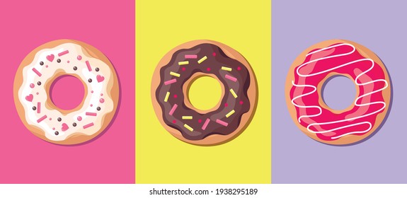 A set of donuts in glaze on a bright background. Top view. Vector.