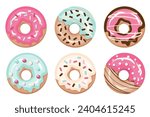 Set of Donuts glazed isolated. Doughnuts with color sugar glaze, and sprinkling. Tasty fried luscious rolls with pink, cream, vanilla, chocolate frosting. Sweet dessert closeup. Vector illustration 
