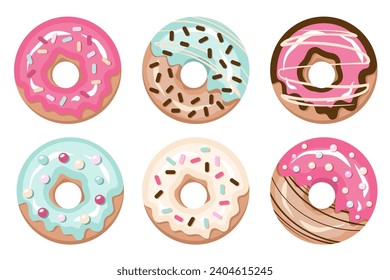 Set von Donuts glasiert einzeln. Doughnüsse mit Farbzuckerglasur und Sprinkling. Geschmackvolle Brötchen mit Rosa, Sahne, Vanille, Schokoladenfrost. Süßer Nachtisch, Nahaufnahme. Vektorgrafik 