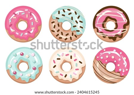 Set of Donuts glazed isolated. Doughnuts with color sugar glaze, and sprinkling. Tasty fried luscious rolls with pink, cream, vanilla, chocolate frosting. Sweet dessert closeup. Vector illustration 