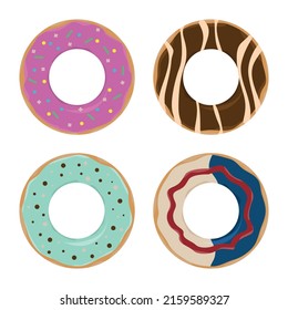 A set of donuts with icing and chocolate, flat style. Vector image.