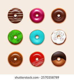 Set of donuts with icing and decor. Top view of round doughnuts. Vector illustration