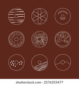 Set of donuts with icing and decor. Top view of round doughnuts. Monochrome outline vector illustration