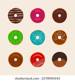 Set of donuts with icing and decor. Top view of round doughnuts. Flat vector illustration