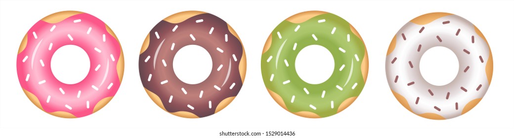 A set of donuts with icing in pink, green, white and chocolate color with sprinkles