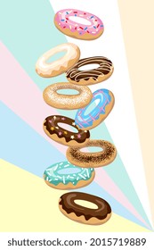 Set of donuts with icing, sprinkles, black and white chocolate. Doughnut on colorful background. Cartoon style. Vector illustration.