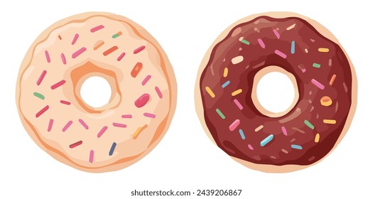 Set of donuts with icing and sprinkles isolated on transparent background. Vector illustration.