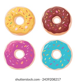 Set of donuts with icing and sprinkles isolated on white background. Collection of tasty donuts. Vector illustration.