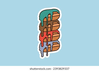 Set of Donuts with Icing Sticker vector illustration. Food objects icon concept. Set of colorful glossy donuts with glaze and powder sticker vector design with shadow.