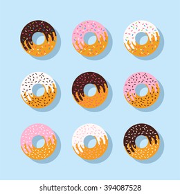 Set of donuts icons on  blue background. Set food flat icon. Vector illustration