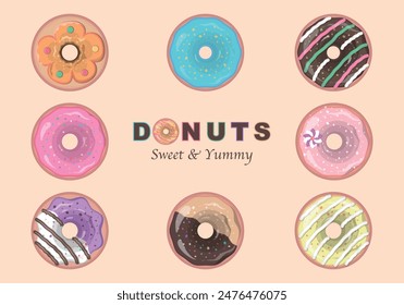 Set of donuts isolated. Collection of vector illustrations of donuts with different toppings and flavors. Sweet pastry vector illustration. Perfect for greeting card design, fabric print and bakery.