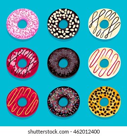 Set of donuts isolated on a blue background. Colorful donuts in a cartoon style. Vector illustration.