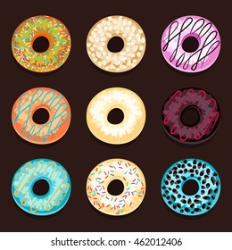 Set of donuts isolated on a brown background. Colorful donuts in a cartoon style. Vector illustration.