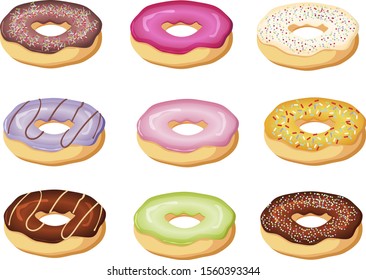 Set of donuts isolated on white background.Doughnuts with chocolate, frosting and caramel.