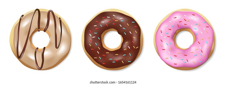 Set of donuts isolated on white. Tasty colorful and glossy donuts with pink and chocolate glaze. Realistic round doughnut vector illustration.