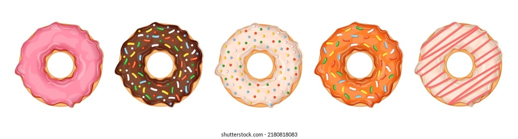 Set of donuts isolated on white background. Collection of vector illustrations of donuts with different toppings and flavors. Sweet pastry.