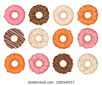 Conjunto de donuts aislados sobre fondo blanco. Colección de ilustraciones vectoriales de donuts con diferentes ingredientes y sabores. Pastel dulce.