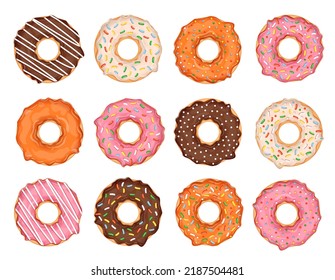 Set of donuts isolated on white background. Collection of vector illustrations of donuts with different toppings and flavors. Sweet pastry.