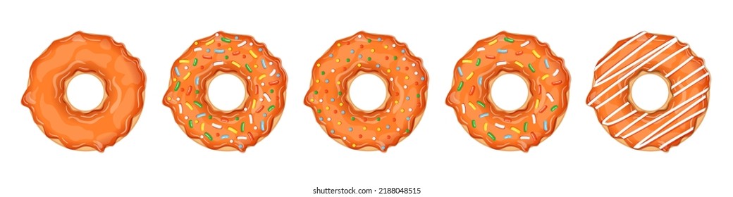 Set of donuts isolated on white background. Collection of vector illustrations of donuts with different orange sprinkles. Sweet pastry.