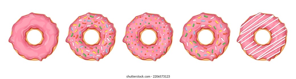 Set of donuts isolated on white background. Collection of vector illustrations of donuts with different pink sprinkles. Sweet pastry.