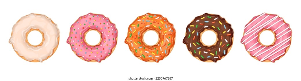 Set of donuts isolated on white background. Collection of vector illustrations of donuts with different toppings and flavors. Sweet pastry.