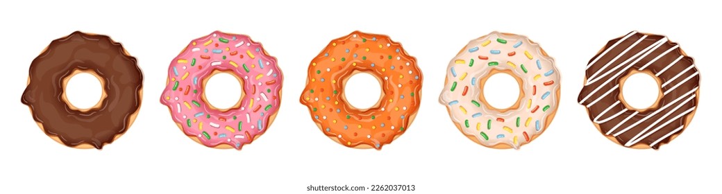 Set of donuts isolated on white background. Collection of vector illustrations of donuts with different toppings and flavors. Sweet pastry.