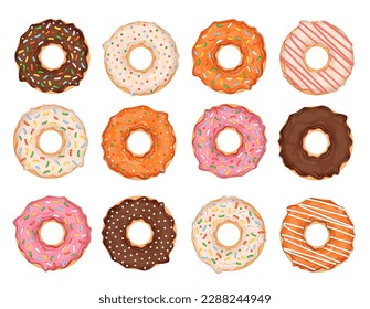 Set of donuts isolated on white background. Collection of vector illustrations of donuts with different toppings and flavors. Sweet pastry.