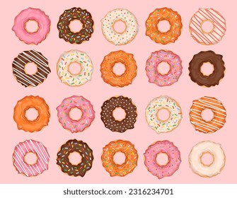 Set of donuts isolated on white background. Collection of vector illustrations of donuts with different toppings and flavors. Sweet pastry.