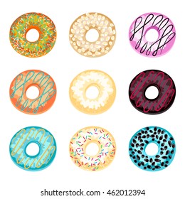 Set of donuts isolated on a white background. Colorful donuts in a cartoon style. Vector illustration.