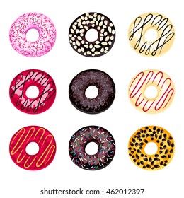 Set of donuts isolated on a white background. Colorful donuts in a cartoon style. Vector illustration.